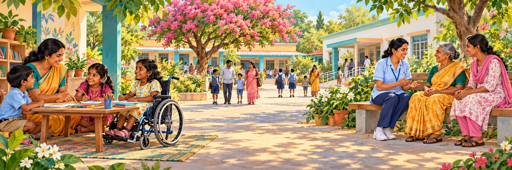 Panoramic illustration connecting an inclusive school with community health and wellbeing, with all main figures visible