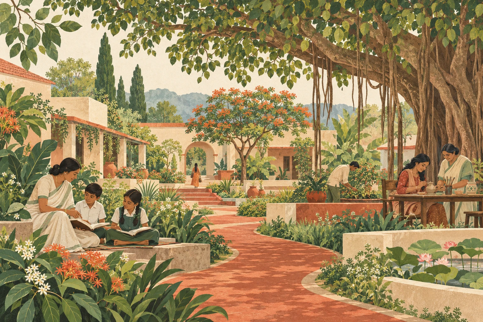 Conceptual illustration of a community garden with children learning and adults sharing skills